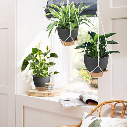 Vanslogreen Hanging Planters for Indoor Outdoor Plants, 2 Pack Self Watering Hanging Pot with Drainage Holes & Removable Tray (Black, 8'')