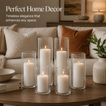 Set of 6 White Pillar Candles with Clear Glass Hurricane Holders- Elegant Cylinder Candle Vases for Weddings, Parties, Centerpieces, Home & Office Decor (White, 6 Set)