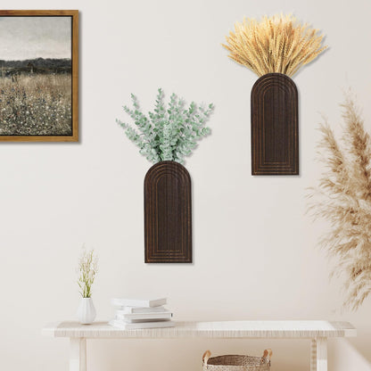 Dnnnii 2 Pack Wooden Wall Vase Set - Brown Finish Modern Farmhouse & Boho Wall Decor for Entryway, Hallway, Bathroom, Living Room, Dining Room, Narrow Spaces