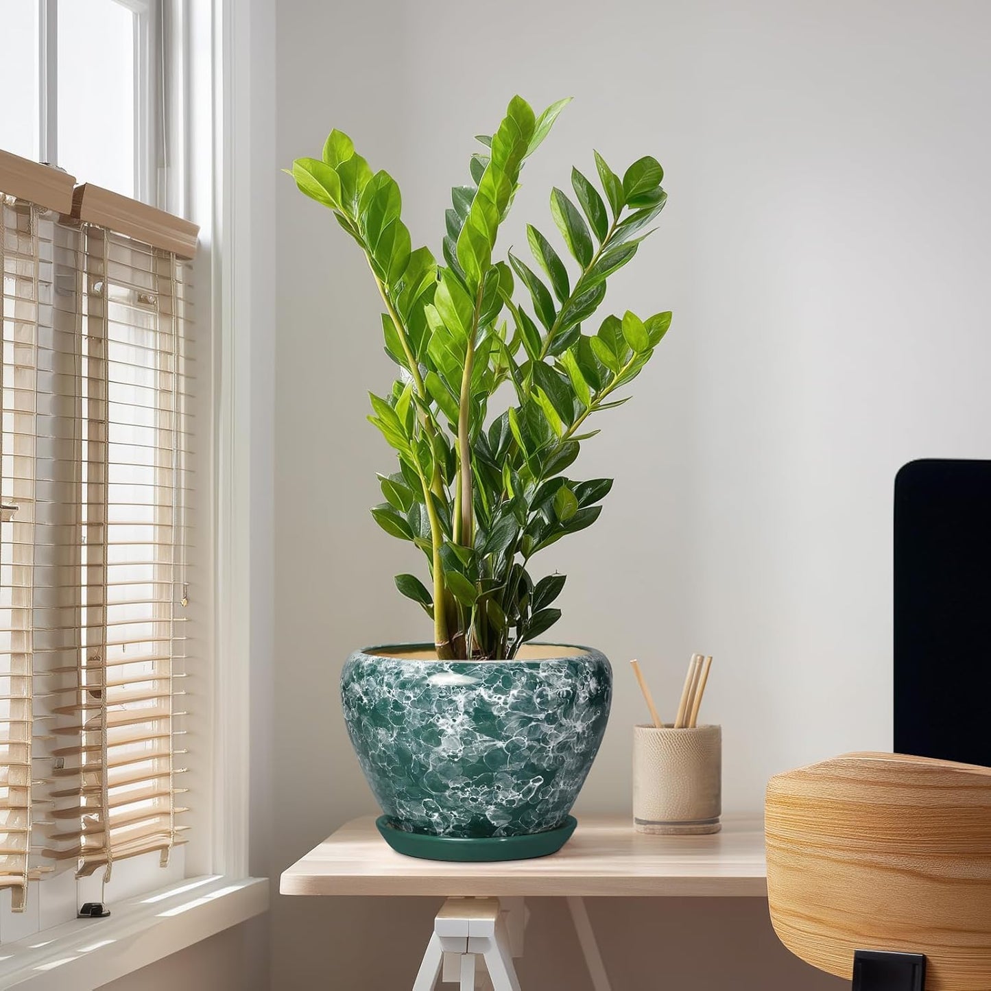 6 Inch Plant Pot - Ceramic Pots for Plants with Drainage Hole and Saucer, Round Succulent Planter Indoor Outdoor, Modern Flower Pot for Snake Plants, Home Decor, Gifts for Plant Lover, Blue