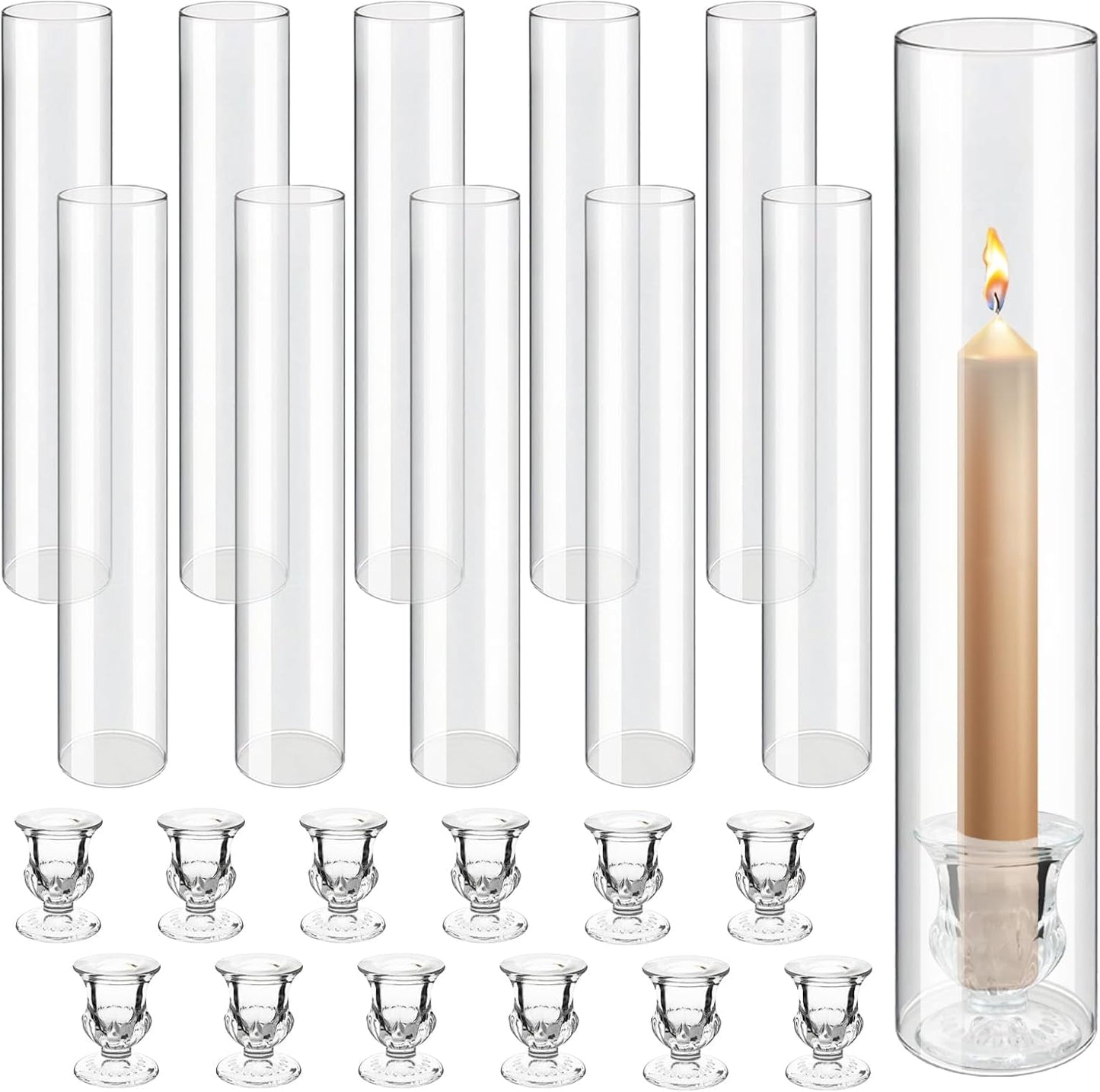 12 Sets Glass Hurricane Candle Holders - 12.6” Glass Candlestick Holders with Clear Tall Cylinder Candle Sleeves for Wedding, Christmas Table Decor (12)