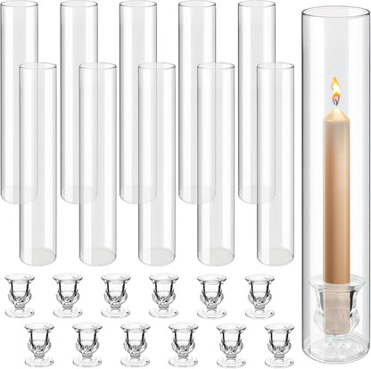12 Sets Glass Hurricane Candle Holders - 12.6” Glass Candlestick Holders with Clear Tall Cylinder Candle Sleeves for Wedding, Christmas Table Decor (12)