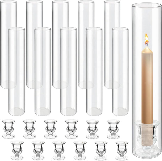 12 Sets Glass Hurricane Candle Holders - 12.6” Glass Candlestick Holders with Clear Tall Cylinder Candle Sleeves for Wedding, Christmas Table Decor (12)