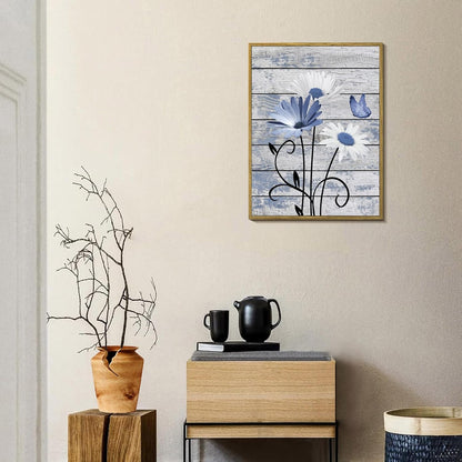 HVEST Farmhouse Floral Wall Art for Living Room, Blue and White Daisy Flower and Butterfly on Rustic Wood Board Canvas Wall Art Framed Artwork Ready to Hang for Bathroom Bedroom Decor, 16L X 12W