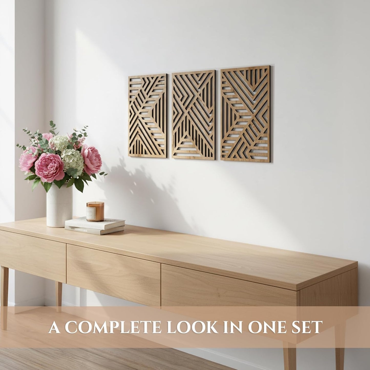 qmmp Modern Wooden Wall Sculptures - Set of 3 - Home Decor Accent - Large Wall Art for Living Room, Bedroom, Office - Easy Installation (Oak, Medium - Mountain and Sun)