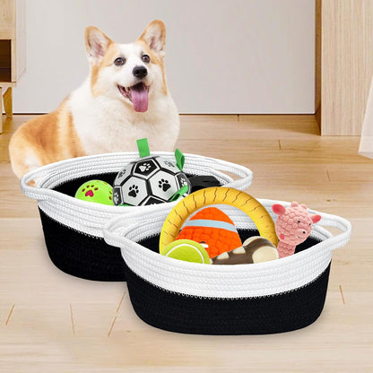 ABenkle Small Basket with Handles, Boho Decorative Rope Woven Dog Cat Toy Storage Bin Shelf Storage Organizer, Easter Christmas Gift Basket, 12"x8"x5", White