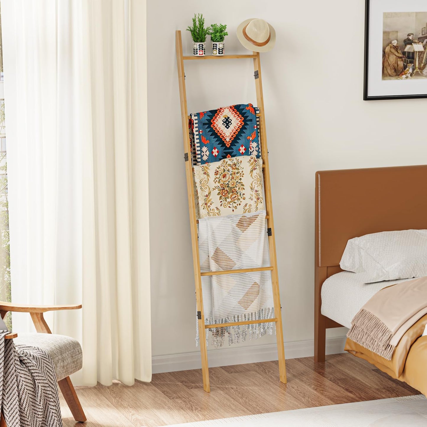 BAMBANG 6-Tier Blanket Ladder for Living Room, Blanket Quilt Ladder Rack Rustic Decorative Towel Holder, Wall Leaning Blanket Ladder Shelf Storage Farmhouse Decor for Bedroom Bathroom, Black