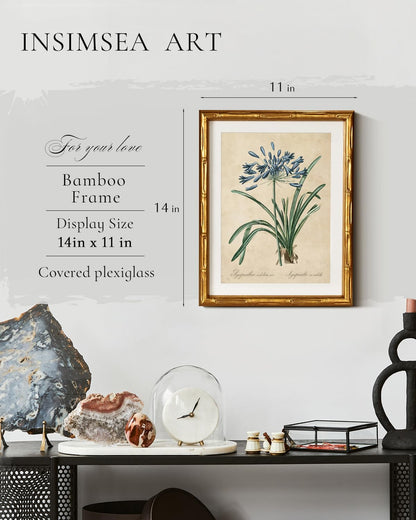 InSimSea Gold Bamboo Framed Canvas Wall Art, Retro Blue Hydrangea Botanical Prints, Antique Flowers Picture Frame with Mat, Victorian Home Wall Decor for Kitchen Living Room Bedroom, 11x14inch