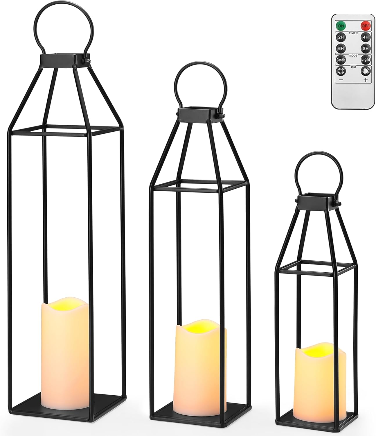 Perfnique Modern Farmhouse Lantern Decor, 15'' 13'' Set of 2 Black Metal Lantern, 2 LED 6hr Timer Flameless Candles ＆ Remote Timer, Lanterns Decorative for Outdoor, Home, Indoor, Patio, Christmas