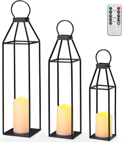 Perfnique Modern Farmhouse Lantern Decor, 15'' 13'' Set of 2 Black Metal Lantern, 2 LED 6hr Timer Flameless Candles ＆ Remote Timer, Lanterns Decorative for Outdoor, Home, Indoor, Patio, Christmas