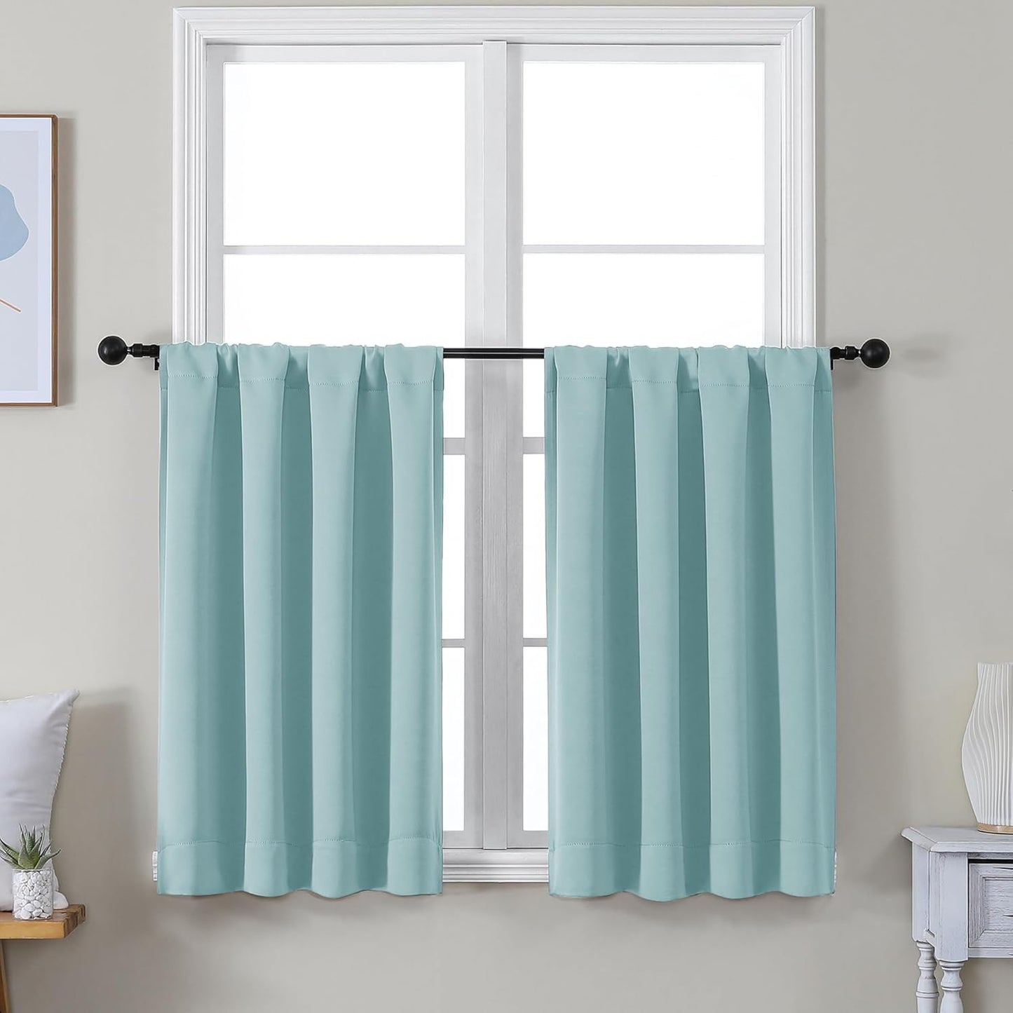 Simplebrand Ava Sage Green Blackout Curtains for Bedroom 63 Inch Length 2 Panels Set, Solid Thermal Insulated Energy Saving Rod Pocket Window Treatment Curtains Blackout Drapes, W40 x L63 Inch, Sage - Colors A