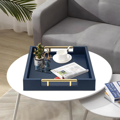 Beige Faux Leather Serving Tray with Handles – Large Decorative Tray for Coffee Table, Ottoman, Living Room, Bathroom – Home Decor