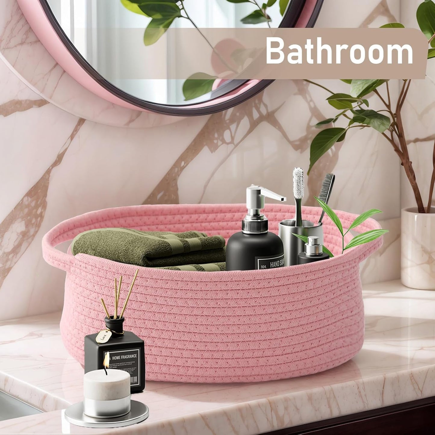 JMvicyroam Woven Basket,Small Rope Storage Bin with Handles & Ribbon Bag, Organizer for Shelves Closets,Gift Basket Empty for Birthday,Books,Dog Toys,White