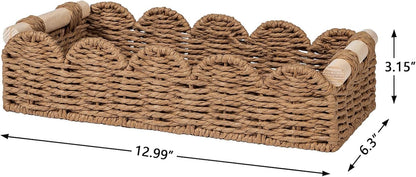 CubesLand Paper Rope Scalloped Edge Toilet Paper Storage Basket, Small Living Room, Bedroom Decor Baskets for Over Toilet Storage Shelf, End Table, Shelves and More, with 2 Wooden Handle, Neutral