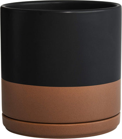 D'vine Dev 6.5 Inch Ceramic Planter Pot with Drainage Hole and Saucer, Indoor Cylinder Round Planter Pot, Olive, 94-O-C-J