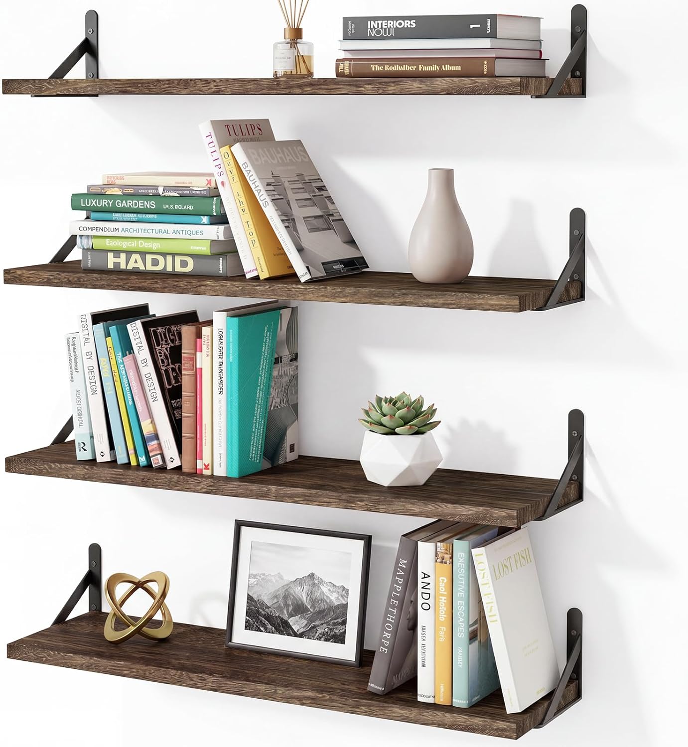 YGEOMER Floating Shelves for Wall, Different Sizes Dark Carbonized Brown Wall Shelves for Living Room, Bathroom, Bedroom, Kitchen, Home Decor (Set of 4)