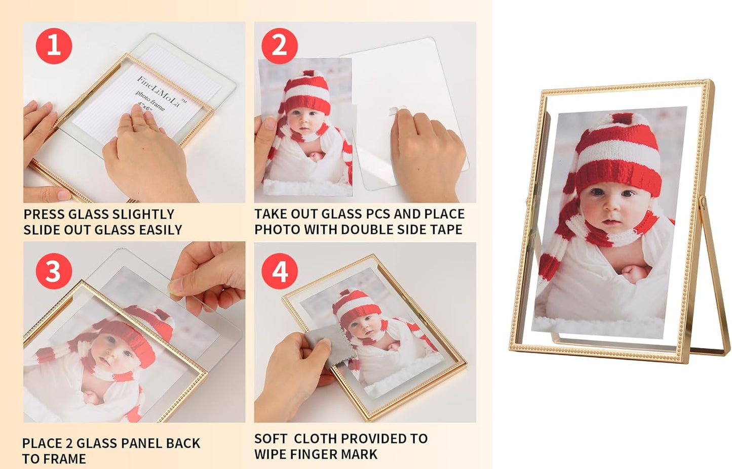 Gold 6x8'' Floating Photo Frame 2 Pack, Beaded Metal Frame Fits 3.5x5'', 4x6'' & 5x7'' Pictures, Adjustable Tabletop & Shelf Display, Elegant Wedding Gift for Home Decor