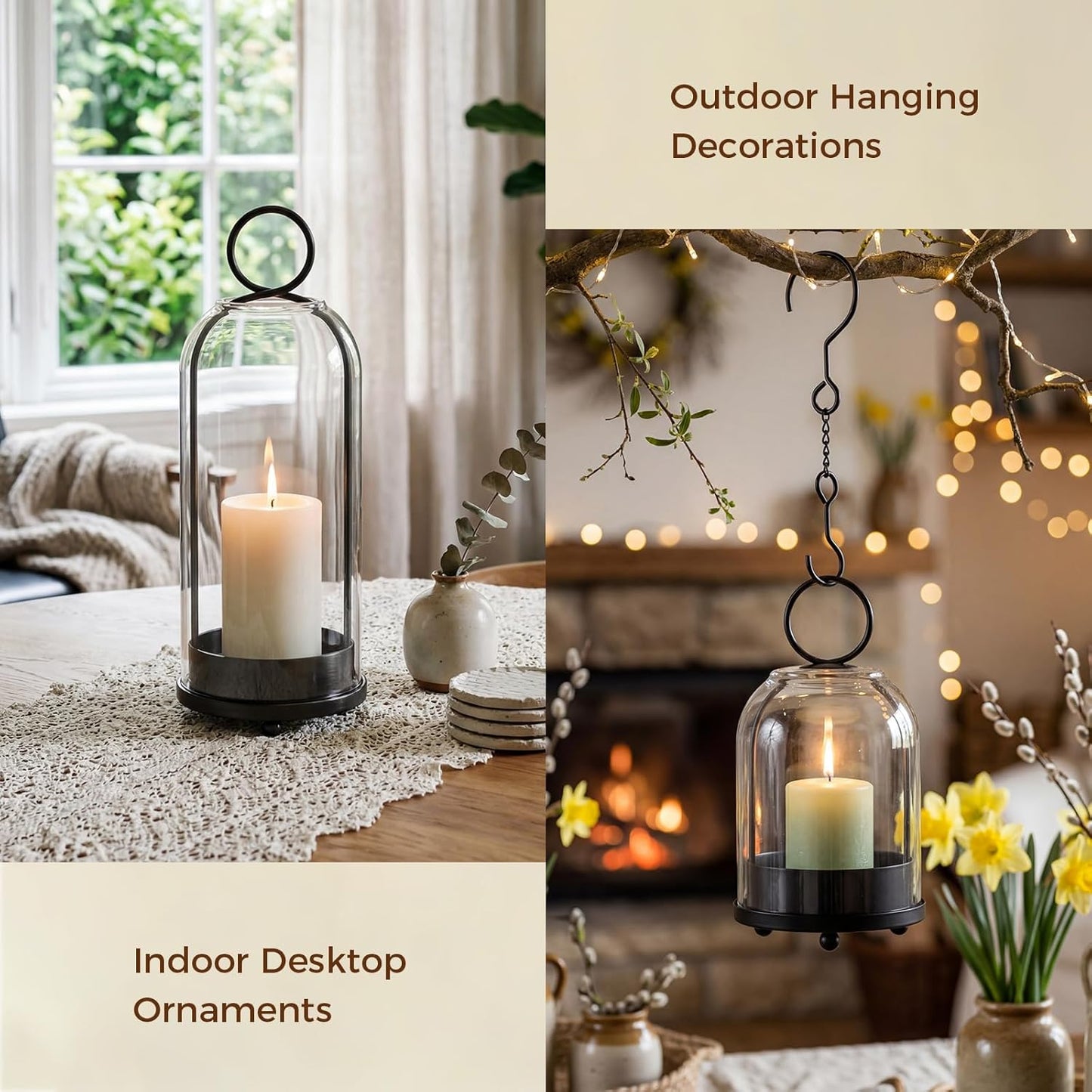 5"&4" Hurricane Glass Candle Holders, Hanging Brass Metal Candle Holder for Pillar Candles Table Coffee Table Decor Interior Decoration