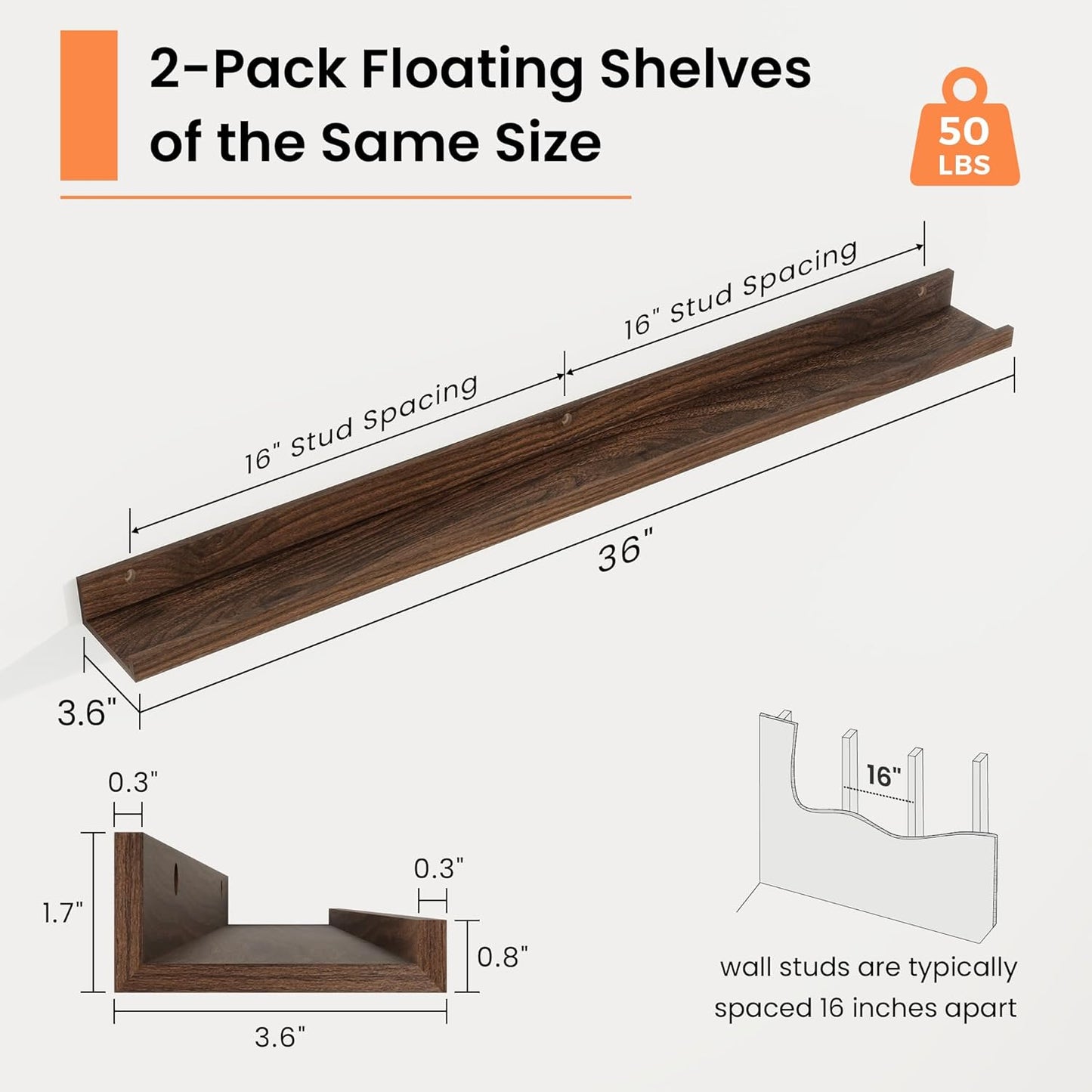RICHFOCUS Picture Ledge Shelf, 24 inch Floating Shelves Set of 2, Wood Wall Shelves with Lip, Wall Decor Storage for Bedroom Living Room Bathroom Kitchen Nursery Photo Picture, Walnut