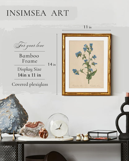 InSimSea Gold Bamboo Framed Canvas Wall Art, Retro Blue Hydrangea Botanical Prints, Antique Flowers Picture Frame with Mat, Victorian Home Wall Decor for Kitchen Living Room Bedroom, 11x14inch