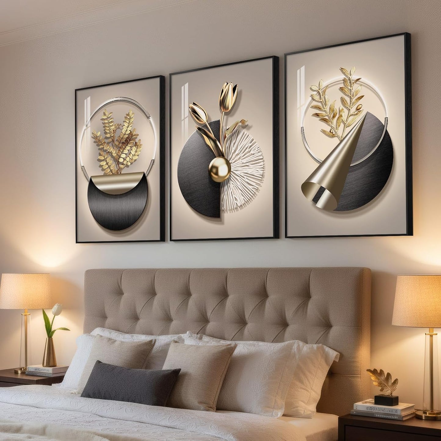 Framed Modern Luxury Gold Wall Art, Set of 3 Piece Contemporary Paintings Artwork for Walls, Golden Prints Pictures with Gold Frame, Wall Decor for Living Room, Hallway, Bedroom, Office 16x24 Inch