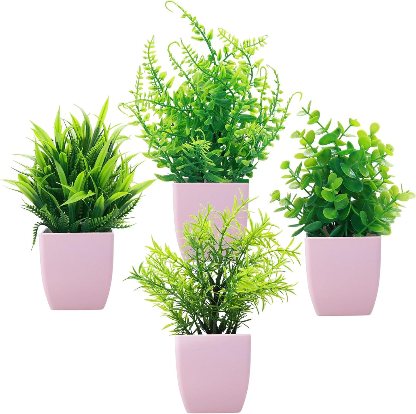 GREENTIME 4 Pack Fake Plants in Black Pot Mini Artificial Eucalyptus Potted Plant Small Faux Grass Greenery Potted for Indoor Home Office Farmhouse Bathroom Table Decoration