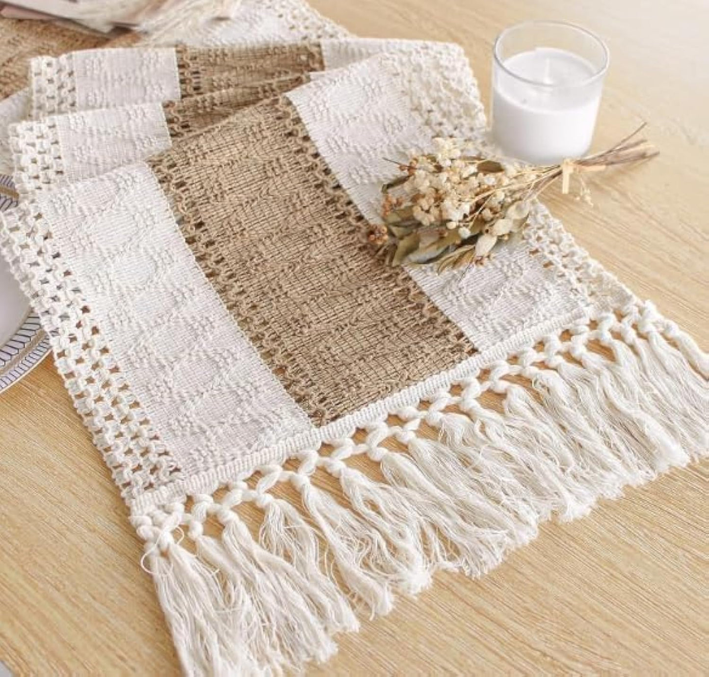FEXIA Boho Table Runner for Thanksgiving Fall Christmas Home Decor with Tassels 72 Inches Long Pottery barn Furniture Farmhouse Rustic Macrame Burlap Table Decoration for Living Room (12x72 Inches)