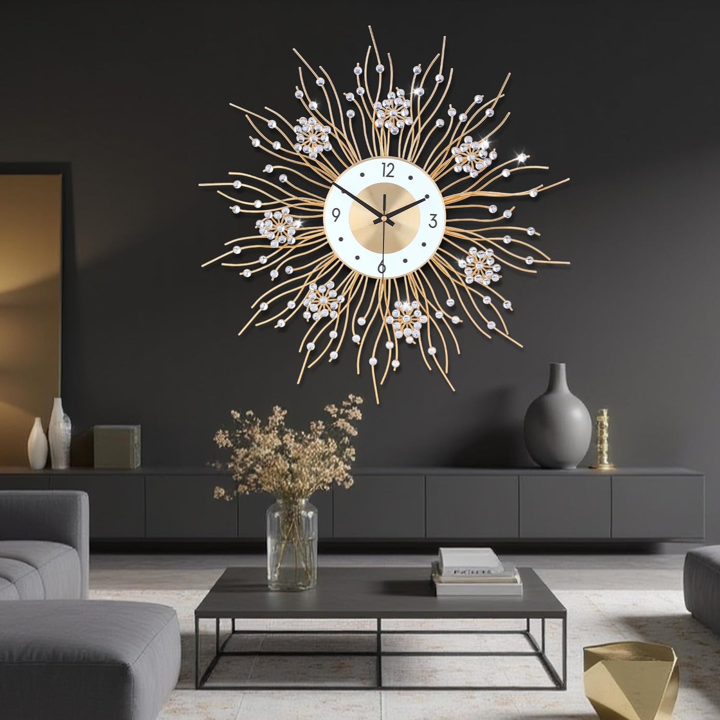 SIN&MI Large Wall Clocks, Silent Sunflower Shape Chic Decorative Wall Clock, Modern Non-Ticking Round Clock Dial Iron Metal Wall Clock for Living Room Decor Entrance Office Cafe 20 Inch