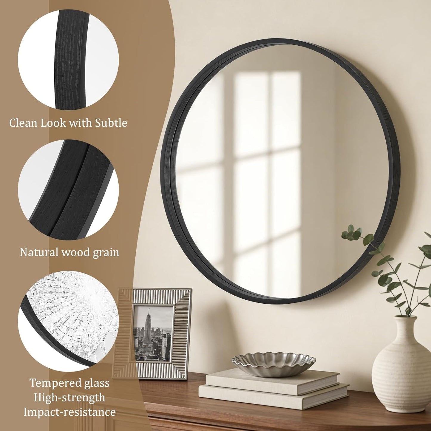 WallBeyond Wood Round Mirror with Wood Frame 24 inch Circle Wall Mirror for Bathroom Round Wall Mirror for Wall Decor, Vanity, Entryway Living Room (Walnut)
