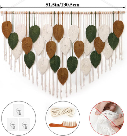 KHOYIME Large Macrame Wall Hanging Boho Woven Tapestry, Chic Home Decor Modern Bohemian Handmade Leaf Feather Wall Art Decorations for Apartment Dorm Living Room Bedroom Nursery Backdrop 39"W X 29.5"L