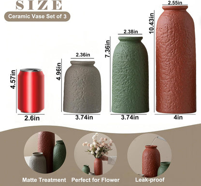 10.4 inches Tall Decorative Ceramic Vase Set, 3 Pieces, Nordic Modern Boho Style, White, Modern Farmhouse for Home Decor (Coffee Mix)