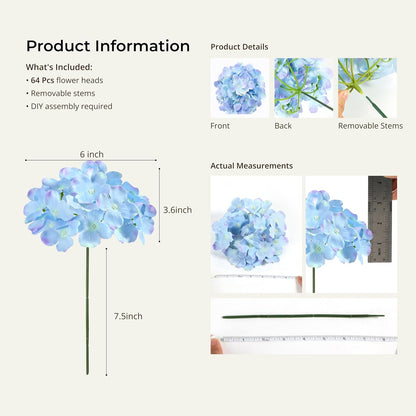 Auihiay 64 PCS Artificial Hydrangea Flowers, Silk Hydrangea Full Flowers Heads with Stems for Wedding Centerpieces, Home, Garden, Baby Shower, Party Decoration (Ivory)