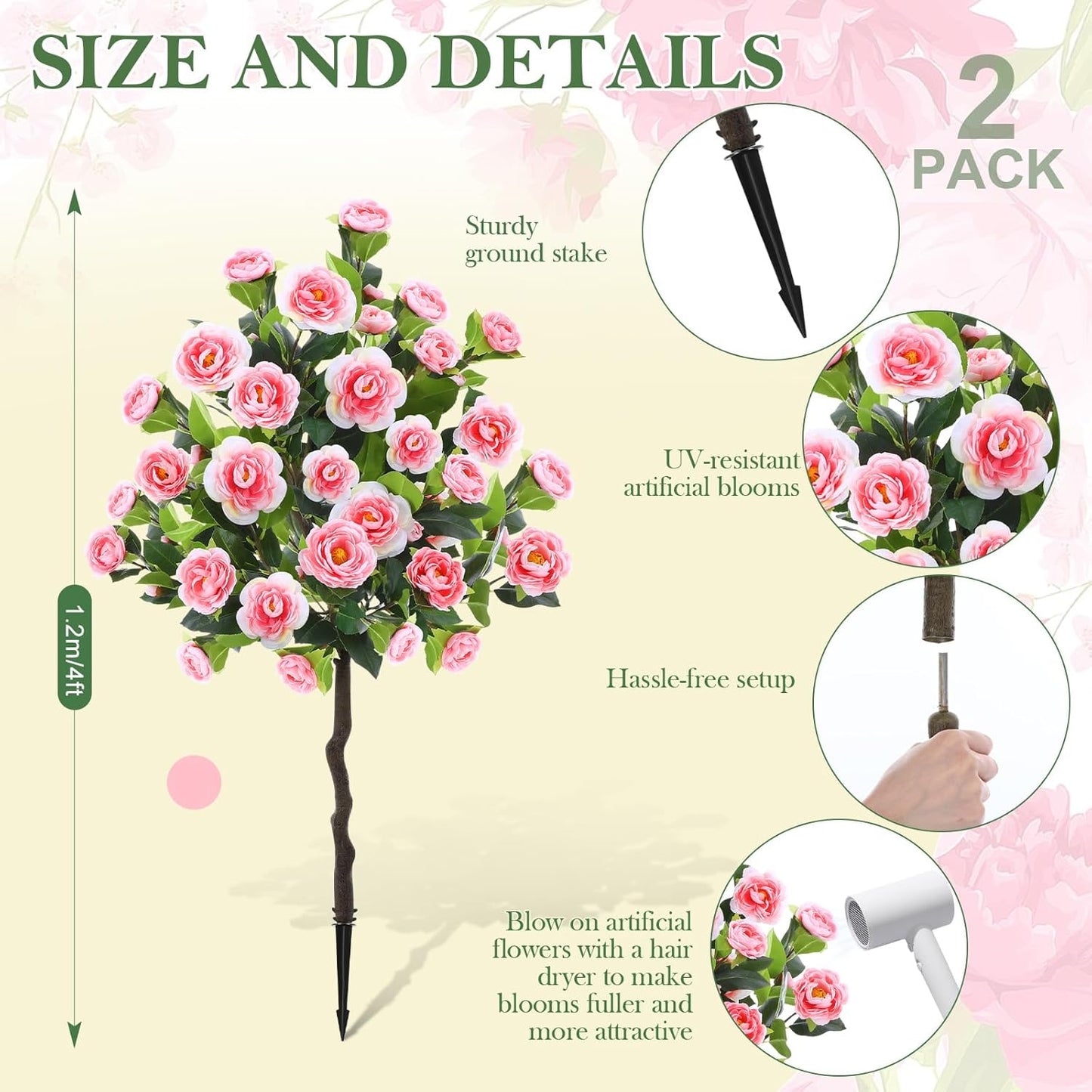 Lunmon 2 Pack 3ft Artificial Camellia Plants Tree 36" Faux Camellia Flower with Spike UV Resistant Realistic Fake Floral Blooming Bush for Indoor Outdoor Front Door Porch Backyard Garden, Purple