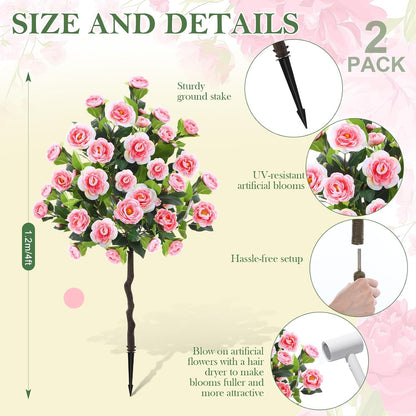 Lunmon 2 Pack 3ft Artificial Camellia Plants Tree 36" Faux Camellia Flower with Spike UV Resistant Realistic Fake Floral Blooming Bush for Indoor Outdoor Front Door Porch Backyard Garden, Purple