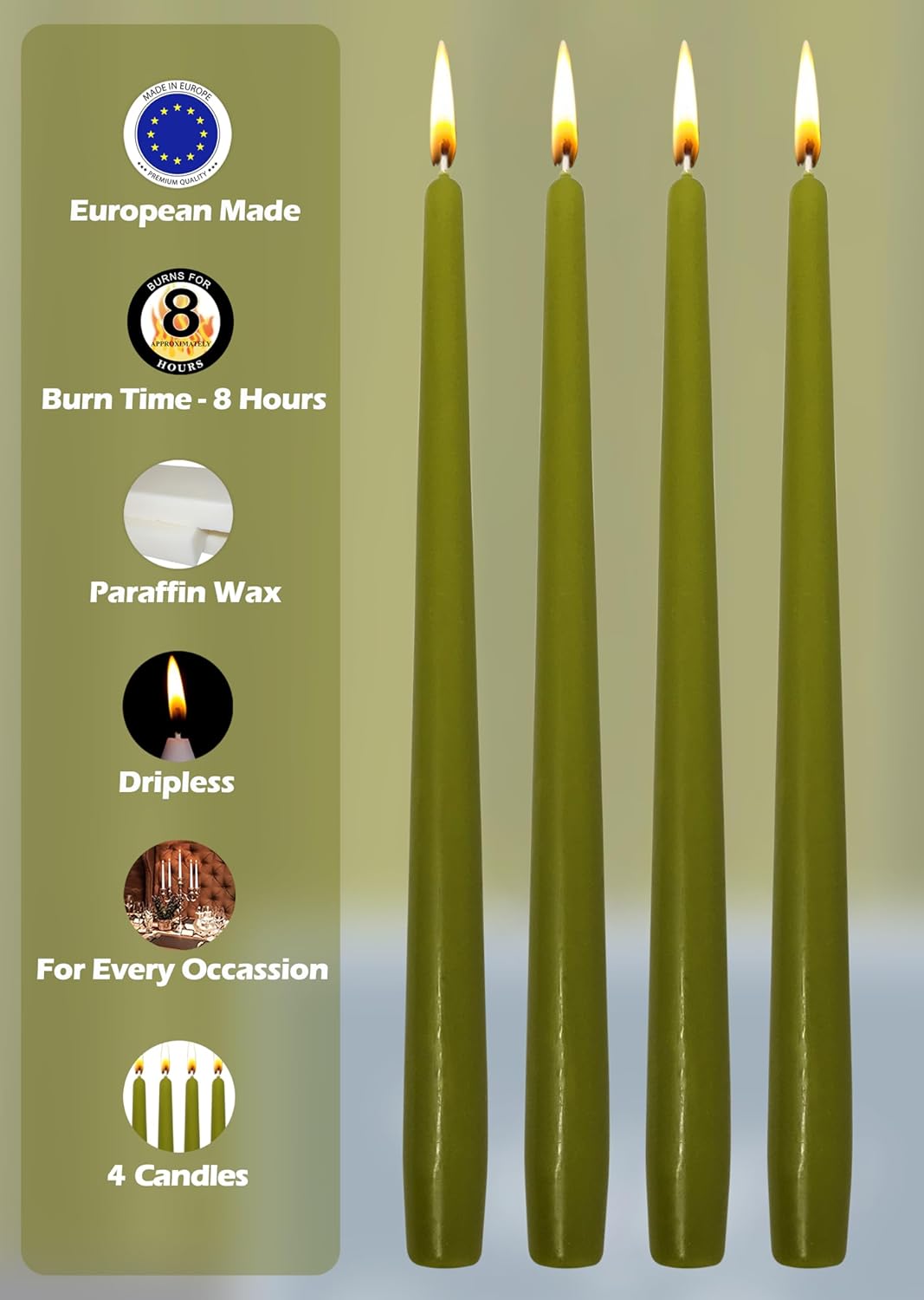 Hyoola Tall Taper Candles - 10 Inch Metallic Gold Unscented Dripless Taper Candles - 8 Hour Burn Time - 4 Pack