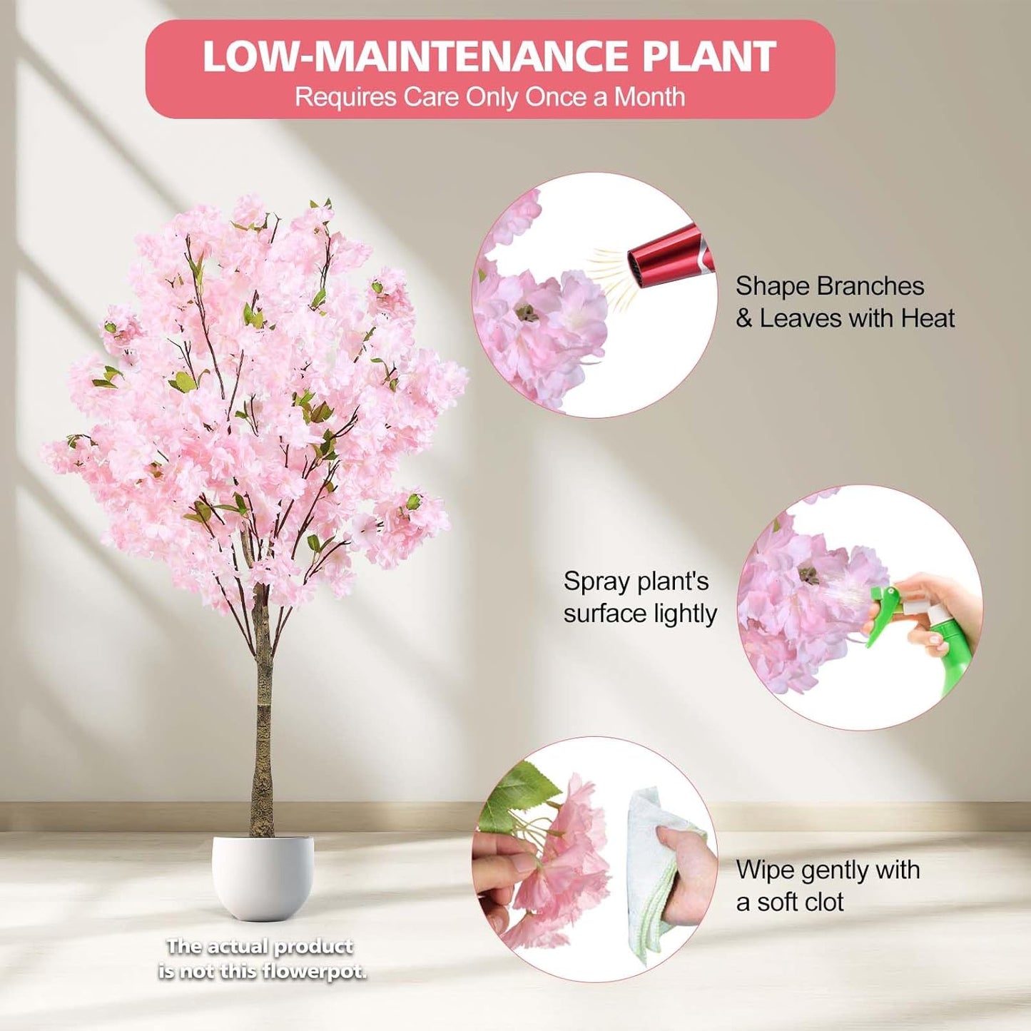 6Ft Tall Cherry Blossom Artificial Tree,Fake Pink Cherry Blossom Tree,Lifelike Decorative Plant in Pot for Indoor/Outdoor, Christmas, Garden,Home Office Dec
