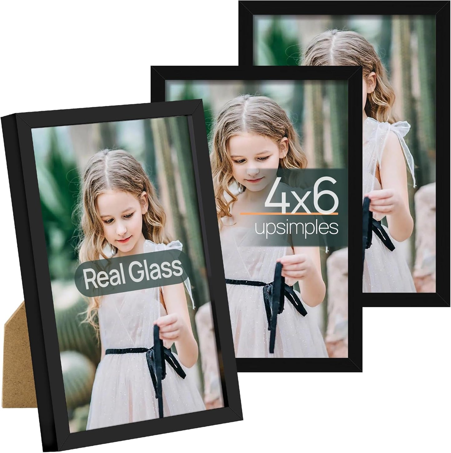 upsimples 5x7 Picture Frame Set of 3, Made of High Definition Glass for 5 x 7 Black Frames, Wall and Tabletop Display Thin Border Photo Frame for Home Décor