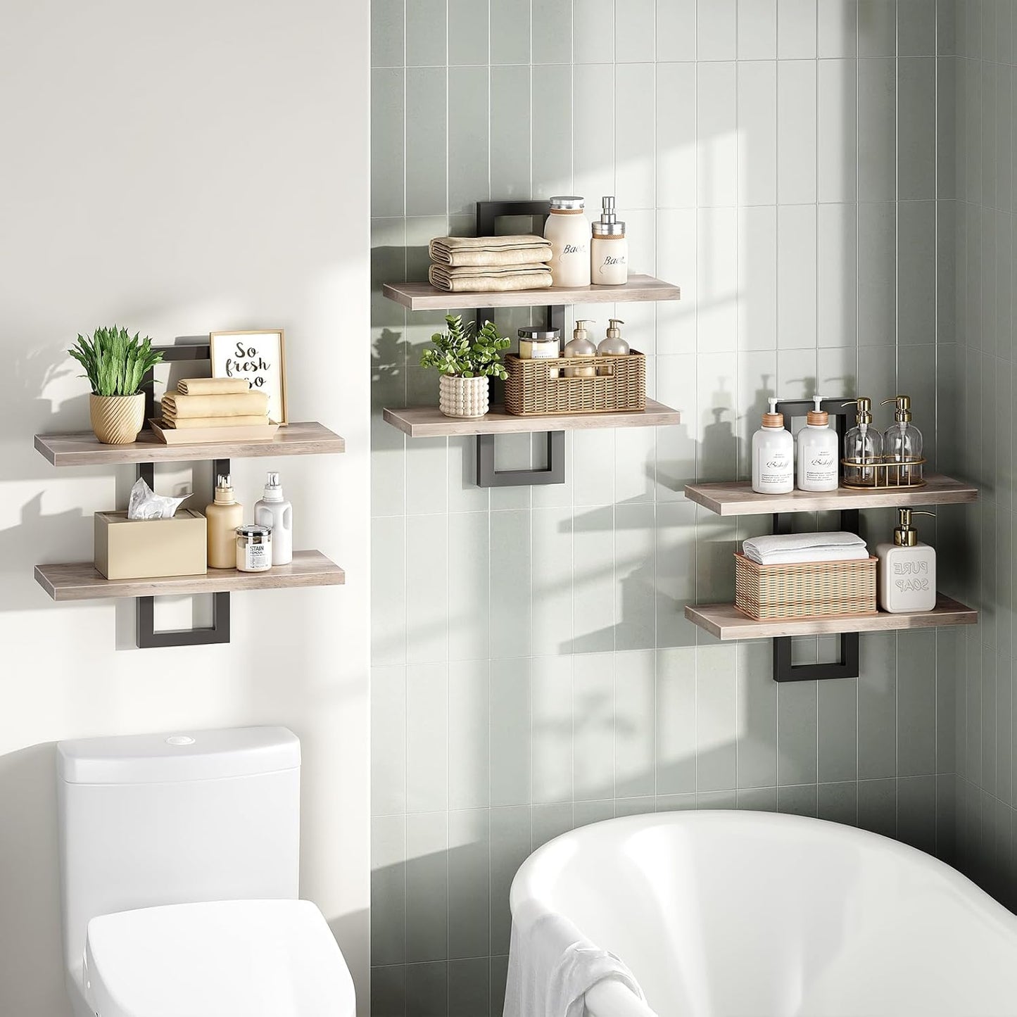 HOOBRO Floating Shelves, 15 Inch Wall Shelf Set of 2, Wall Mounted Storage Shelves 2-Tier, Hanging Bathroom Shelves, for Living Room, Bedroom, Bathroom, Kitchen, Rustic Brown and Black BF32BJ01G1