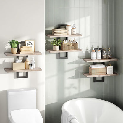 HOOBRO Floating Shelves, 15 Inch Wall Shelf Set of 2, Wall Mounted Storage Shelves 2-Tier, Hanging Bathroom Shelves, for Living Room, Bedroom, Bathroom, Kitchen, Rustic Brown and Black BF32BJ01G1