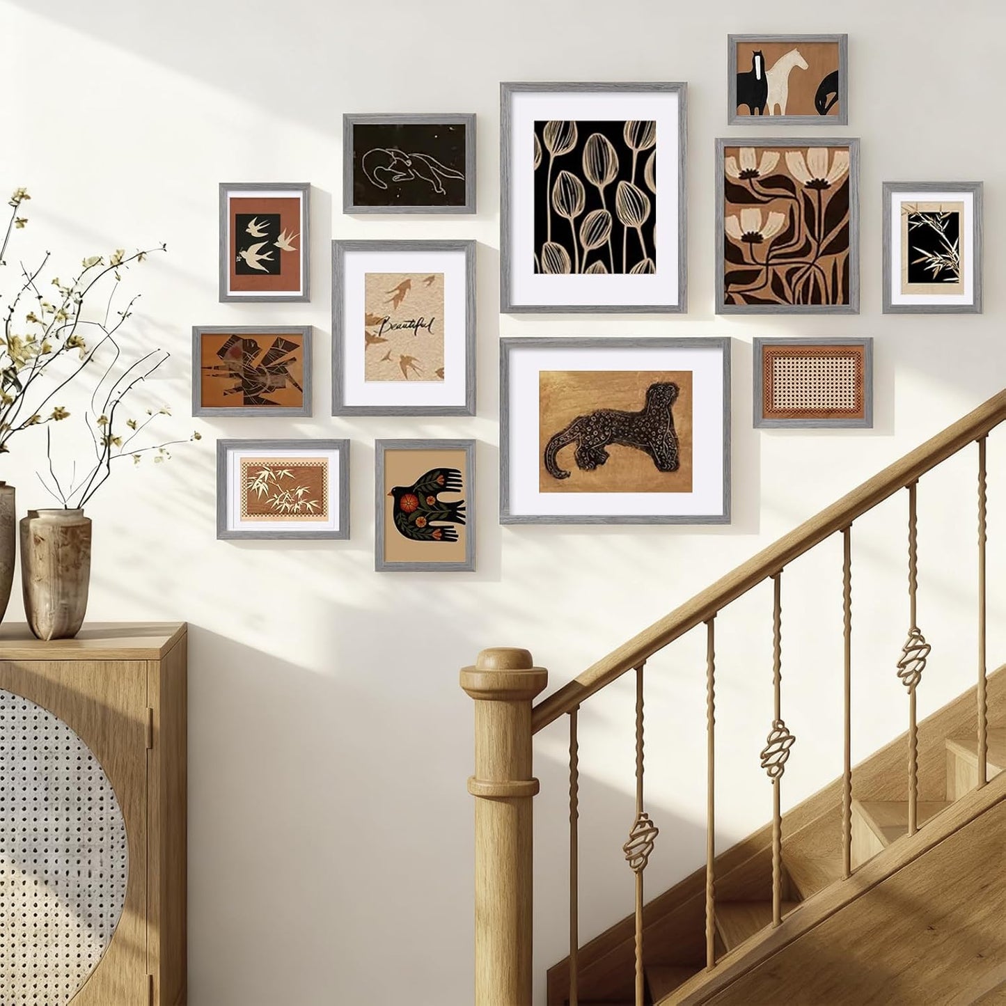 Egofine Picture Frame Set 12 Pack, Picture Frames Collage Wall Decor with Two 11x14, Two 8x10, Four 5x7, Four 4x6 for Wall and Tabletop, Made of Solid Wood, Covered by Plexiglass, Natural Wood