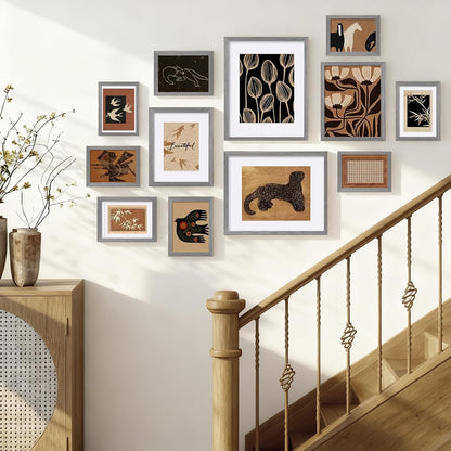 Egofine Picture Frame Set 12 Pack, Picture Frames Collage Wall Decor with Two 11x14, Two 8x10, Four 5x7, Four 4x6 for Wall and Tabletop, Made of Solid Wood, Covered by Plexiglass, Natural Wood