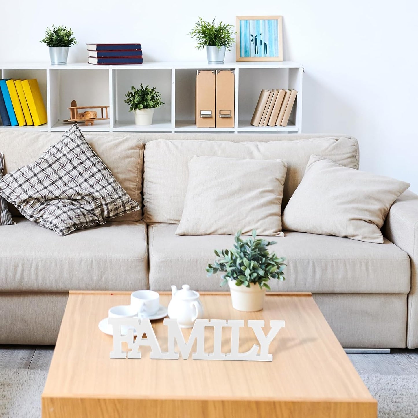 Wonderjune Wooden Home Wall Decor Sign Rustic Family Room Table Decoration Family Letter Signs for Pantry Kitchen Living Room Bedroom Shelf Mantel Fireplace Tables Centerpiece(White)