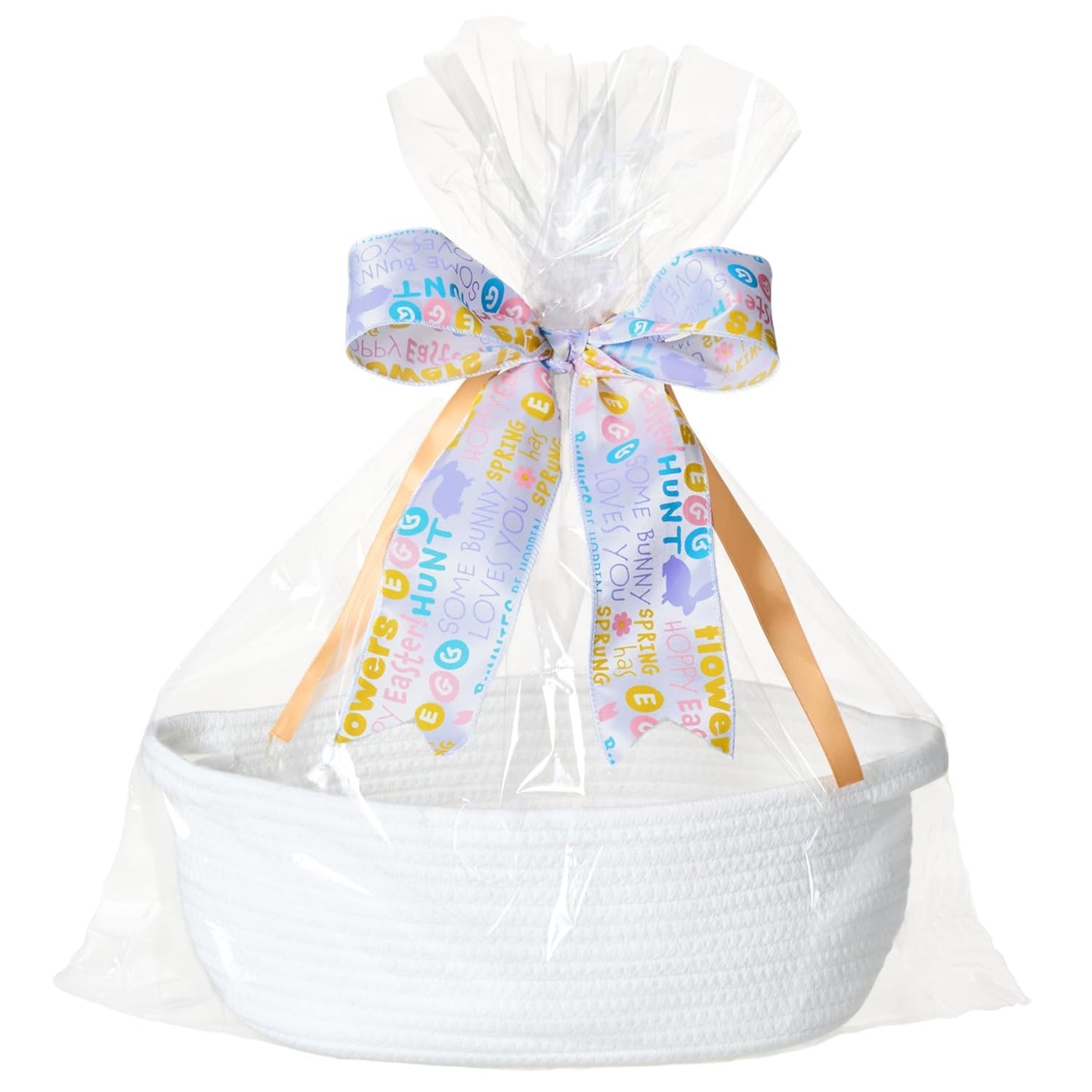 Small Woven Gift Basket Empty with Bag & Ribbon - Gifts for Mom, Baby Shower, Birthdays & Raffle - Cotton Rope Storage Basket for Dog Toys or Shelf - 12"x8"x5", White