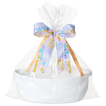 Small Woven Gift Basket Empty with Bag & Ribbon - Gifts for Mom, Baby Shower, Birthdays & Raffle - Cotton Rope Storage Basket for Dog Toys or Shelf - 12"x8"x5", White