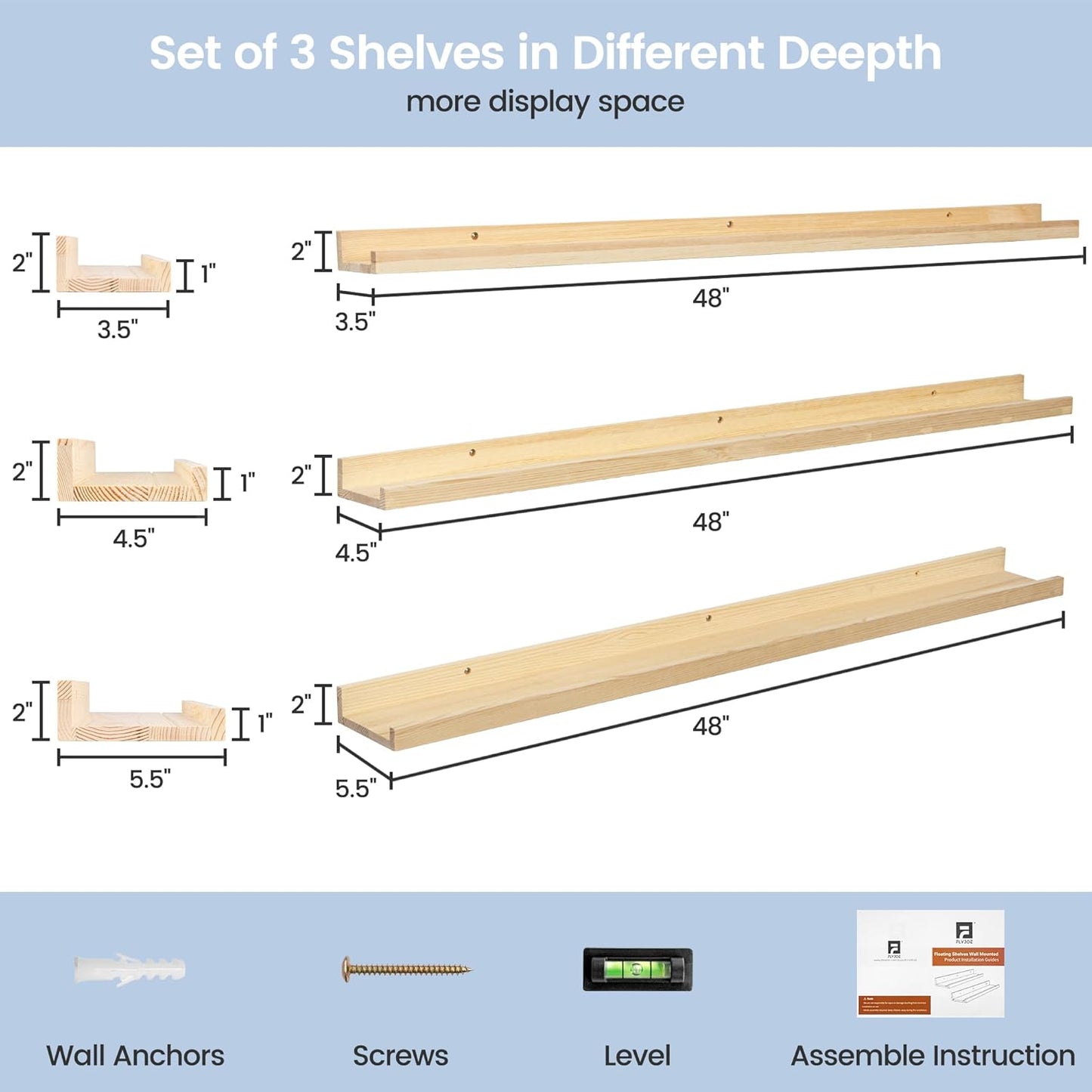 FLYJOE Picture Ledge Shelf, Floating Shelves Set of 2, Solid Pine Wood 55'' Long Large Nursery Book Shelves for Toys Storage, Kids Bookshelf for Living Room Bedroom Decor Books Photo Frames, Walnut
