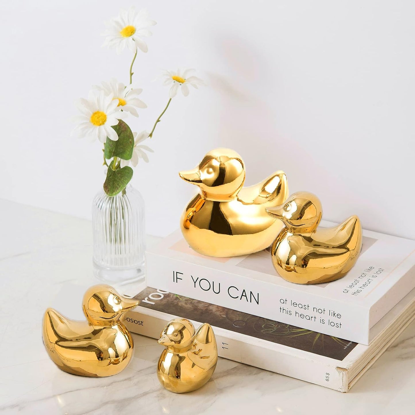 Home Decor Golden Ceramic Duck Figurines, Home Decor Animal Sculptures and Statues Handmade Artware Decor, Mini Duck