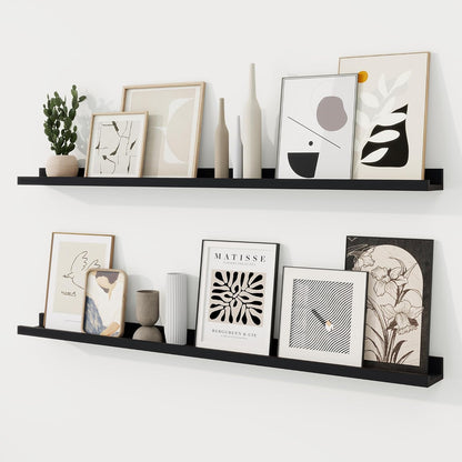 RICHFOCUS Picture Ledge Shelf, 24 inch Floating Shelves Set of 2, Wood Wall Shelves with Lip, Wall Decor Storage for Bedroom Living Room Bathroom Kitchen Nursery Photo Picture, Walnut