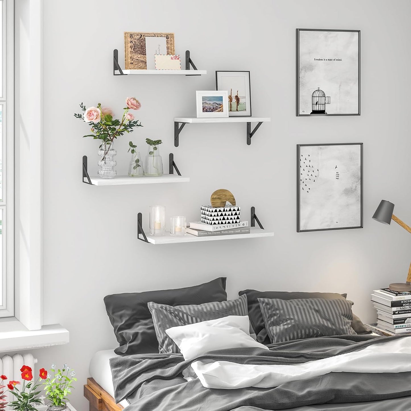 YGEOMER Floating Shelves for Wall, Different Sizes Dark Carbonized Brown Wall Shelves for Living Room, Bathroom, Bedroom, Kitchen, Home Decor (Set of 4)