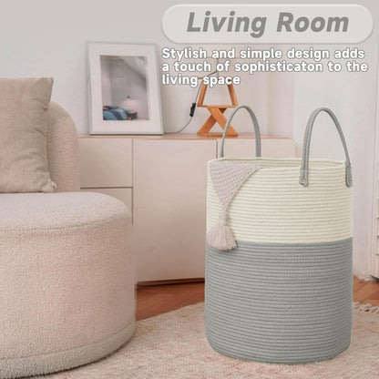 JMvicyroam Large Woven Laundry Basket Hamper,60L Cotton Rope Storage Bin for Blankets,Toys and Clothes,Decorative Tall Nursery Hamper for Living Room,Baby Nursery,Bathroom and Bedroom,Brown