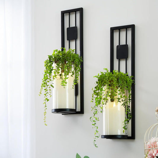 Homemory Wall Sconces Candle Holder Set of 2, Modern Metal Rustic Wall Decor for Living Room, Dining Room, Bedroom, Bathroom(Black)